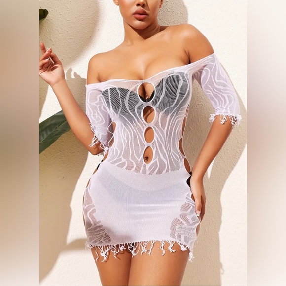 Fashion Womens White Cut Out Sheer Swimsuit Cover Up Fishnet Dress One Size - Picture 2 of 8